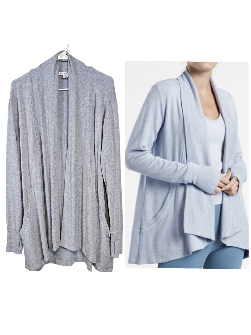 Athleta Light Gray Open Front Cardigan Wrap Thumbhole Sleeves Soft Drape Size XL